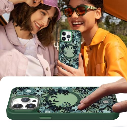 Image of Magnetic for iPhone 14 Pro Max Case with for Women, Green Flower | Pretty Floral Pattern Design [Compatible with MagSafe] Shockproof Slim Translucent Matte Non-Slip Protective Cover