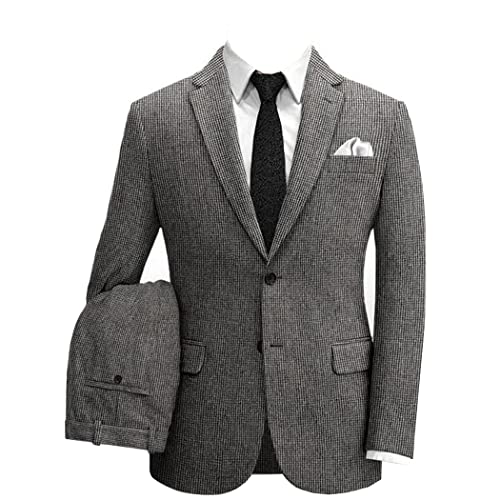 Premium Mens Tweed Houndstooth Dogstooth Slim Fit Tuxedo Prom Wedding Groom Plaid Suits Set Blazer Pants