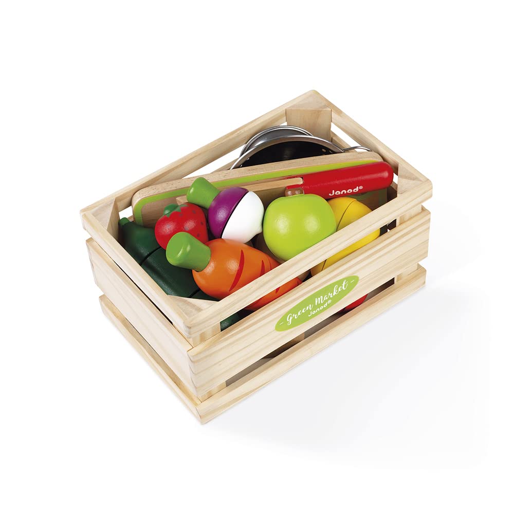 Janod - Green Market Fruits and Vegetable Maxi Set - Market Crate with 9 Velcro Fruits and Vegetables to Cut - Wooden Board and Knife - Metal Colander - from 3 Years Old, J06607