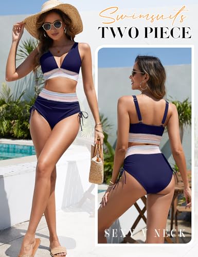 Women's Bikini Sets V Neck 2 Piece Swimsuits High Waisted Color Block Drawstring Bathing Suits Tummy Control Swimwear2