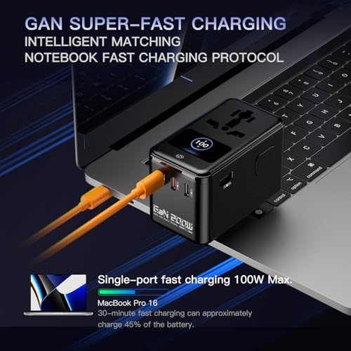 Image of MX 200W GaN Universal Travel Adapter Smart LCD Display Fast Charging Station, Multi Device Charger, USB-C PD 100W International Plug Adapter for 200+ Countries | MacBook, iPhone, Samsung & Laptop