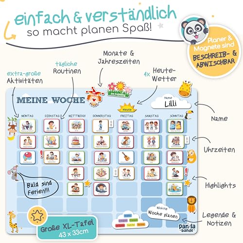 »PANDABANDE« XL Wochenplaner Kinder [300 Magnete, XL Box, Routinen] - Montessori Spielzeug ab 3 Jahre - Ideal zum Wochentage Lernen, Kinderkalender