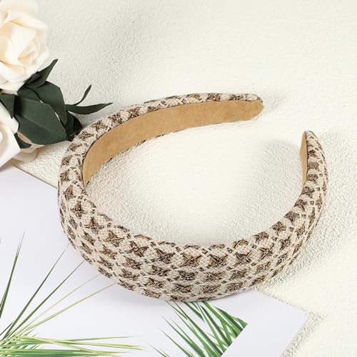 Vocoste AVOCO2304170936 1 Pcs Tweed Padded Headband, Fashion Hairband For Woman Non Slip, Knitted Check Pattern White thumb #5