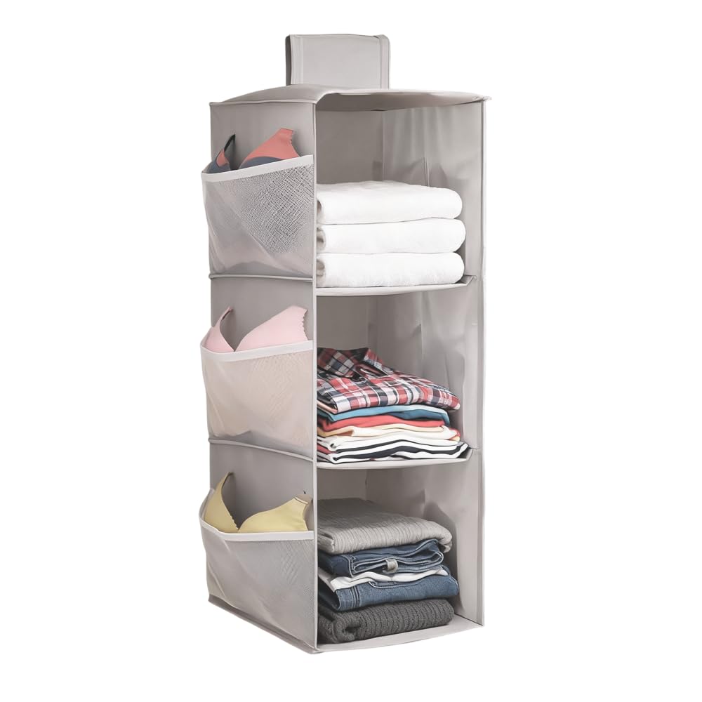 BDKMMS Hanging Closet Organizer, 2/3-Tier Extra Deep Hanging Storage Shelves Max Storage with Side Mesh Pockets for Clothes Shoes Hats Dorms & RVs