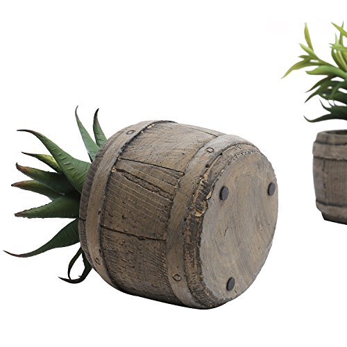 Mygift 6 Inch Mini Artificial Green Succulent Plant In Rustic Brown Wood Barrel Planter Pots, Set Of 3 #TOP4