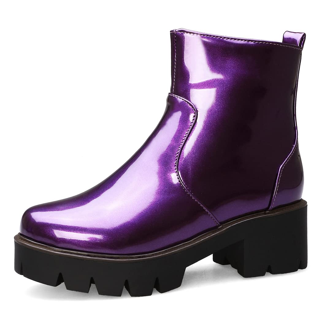 KUUTGG Women's Fashion Dressy Ankle Boots Patent Leather Round Toe Platform Zip Chunky Mid Heel Short Booties