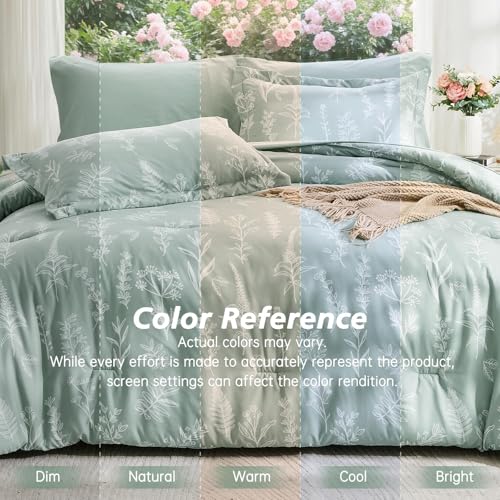Image of MUXHOMO Queen Comforter Set 7 Pieces, Sage Green Bed in a Bag Queen Reversible Botanical Flowers Design, Ultra Soft & Breathable Bedding Sets with Comforter, Sheets, Pillowcases & Shams