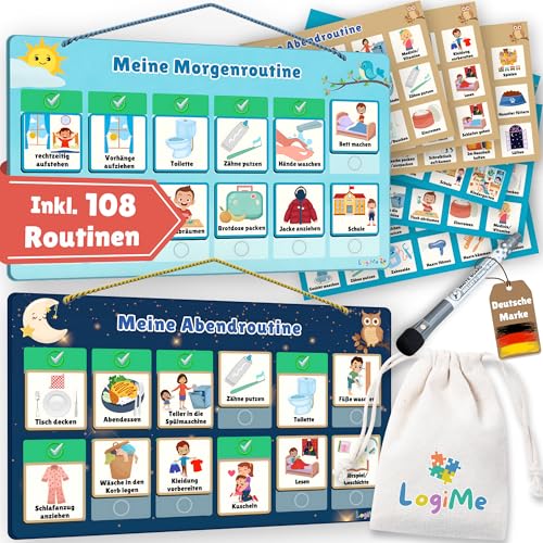 𝐋𝐨𝐠𝐢𝐌𝐞® Morgenroutine und Abendroutine [inkl. 108 Routinen] Kinder Plan Magnetisch – Montessori Tagesplaner - Routine Planer für Morgen & Abend – Routineplaner – Routinchen Tagesplan zum Klappen