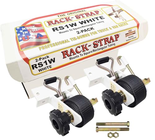 2 Pack, Rack-Strap, The Original American Made Ladder Rack Tie-Downs, Right Angle Mounting Bracket, RS1W White Right Angle Mounting Bracket, Bolt Mounting Hardware Included, 8 Foot Black Strap