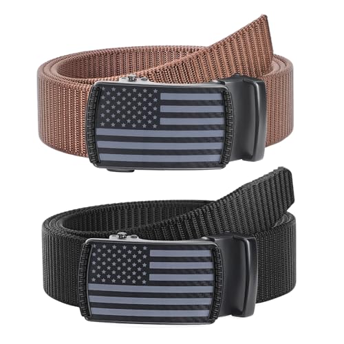 SANSTHS Nylon Ratchet Belts for Men 2 Pack, American Flag Slide Golf Belts 1 1/3