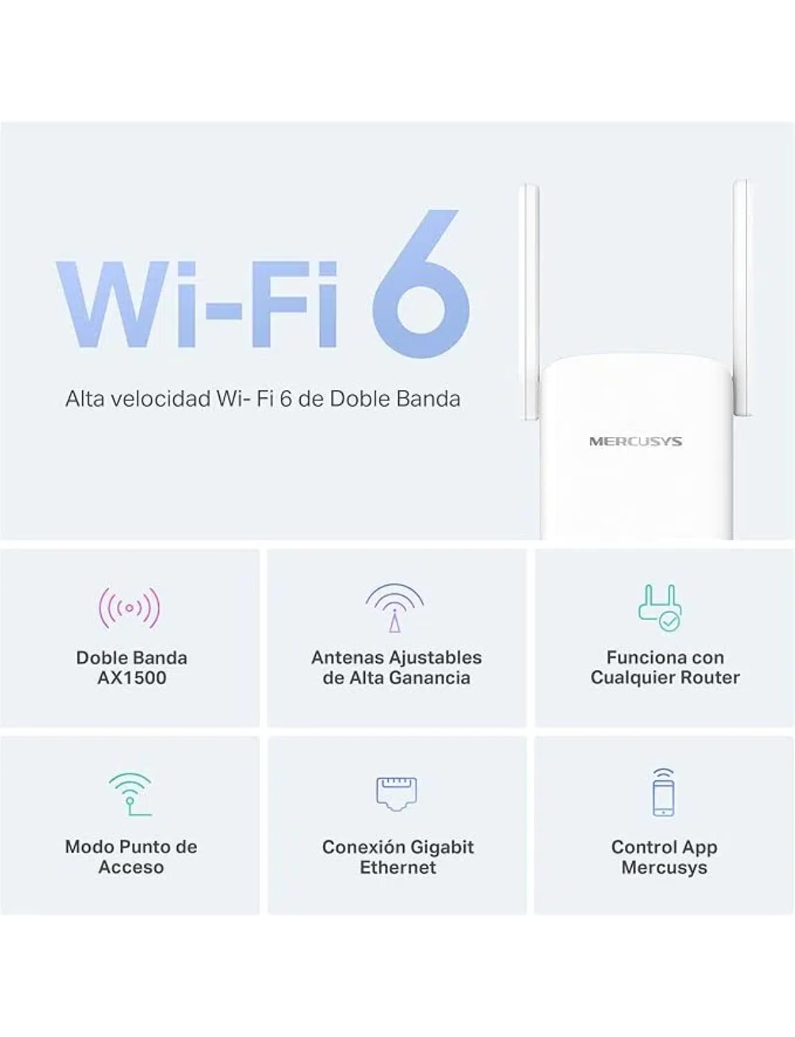Mercusys ME60X Extensor de Rango Wi-Fi 6 AX1500, Doble Banda 2.4GHz 300Mbps y 5GHz 1201Mbps, Conexión Gigabit Ethernet, Fácil Configuración con WPS, Compatible con EasyMesh