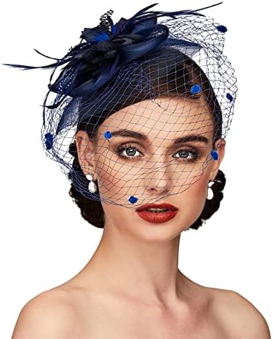 TS Fascinators Hat Tea Party Hat Mesh Floral Feather Hair Clip Girls and Women Fascinator Headband with Veil for Wedding Cocktail Dark Blue