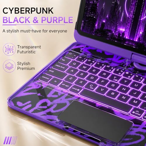Image of Cyberpunk Clear Keyboard Case for iPad (A16) 11th 10th Generation (11 inch 2025 & 10.9 inch 2022), 360 Rotatable, Multi-Touch Trackpad, 7-Color Backlit, Pencil Holder, Battery Level Display, Purple