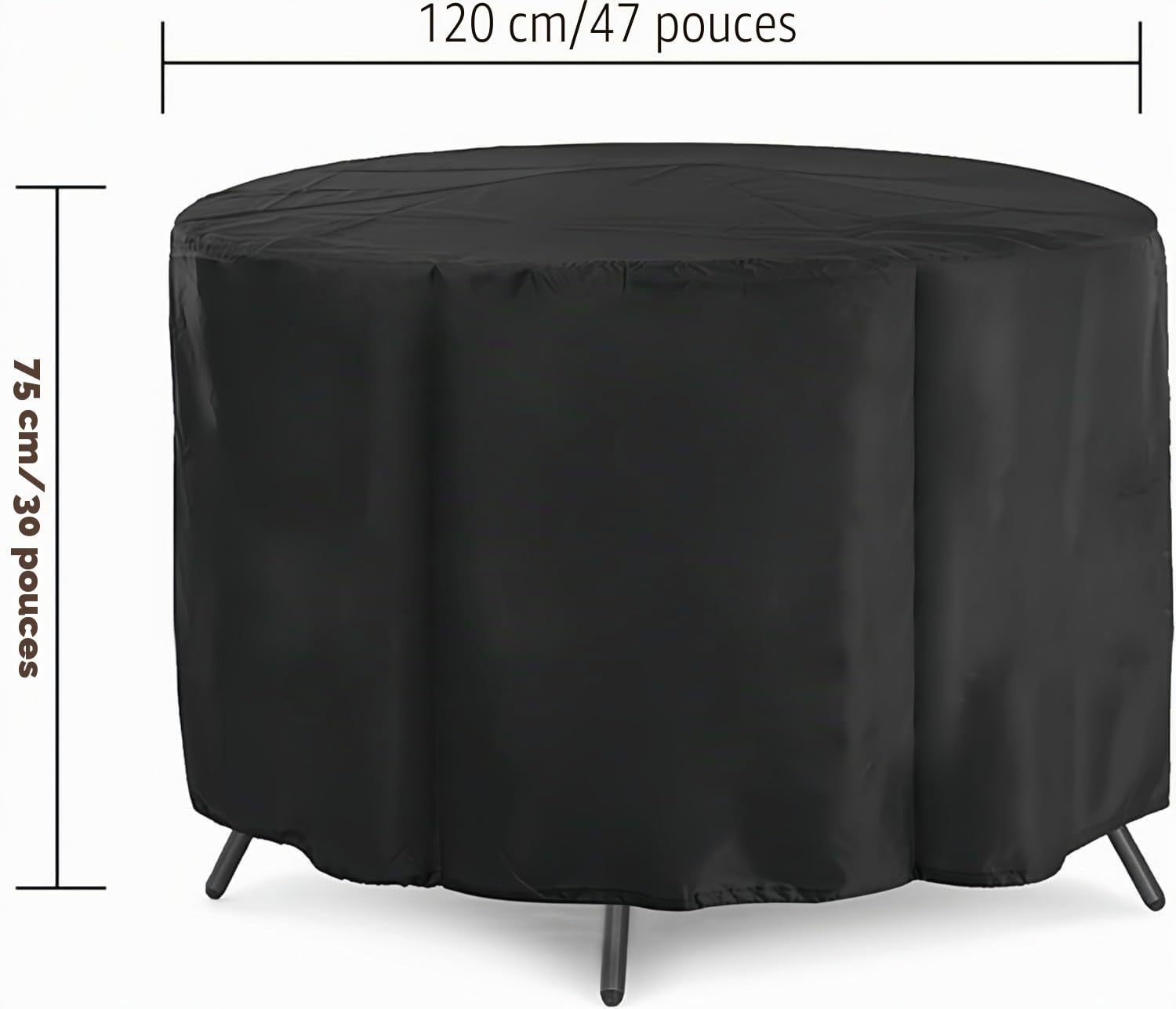 Housse ronde pour meubles de terrasse, housse de protection pour table de jardin, imperméable, anti-poussière et indéchirable, tissu Oxford durable, résistant à la décoloration (noir, 120 x 75 cm)