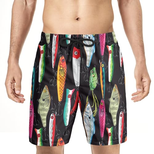 Colorful Fishing Lures Men's Swim Trunks Beach Shorts with Pockets Athletic Pant S