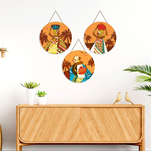 Image of Artvibes African Village Themed Warli Art Round Wooden Wall Hanger for Home Decor | Living Room | Handcrafted Art | Wall Illustrations | Art Prints | Aesthetic Wall Art | Gifts (WH 4201N), Set of 3