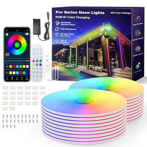 Ustarus RGB+IC Neon Rope Lights 40FT, Rainbow Color Changing LED Strip with Remote & App, Music Sync, IP65 Waterproof, Flexible Wall Decor Light for Bedroom, Gaming, Indoor Outdoor