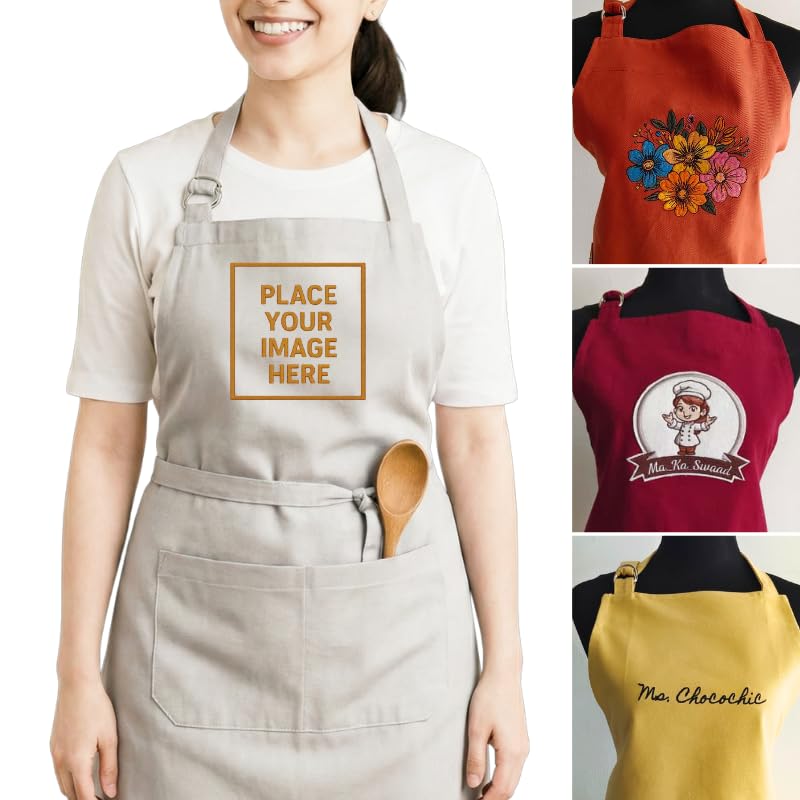 Image of Personalized Custom Apron - 100% Cotton, Adjustable Neck strap, Large Pocket - Unisex Apron for Men & Women - Cooking, Baking, BBQ, Customizable
