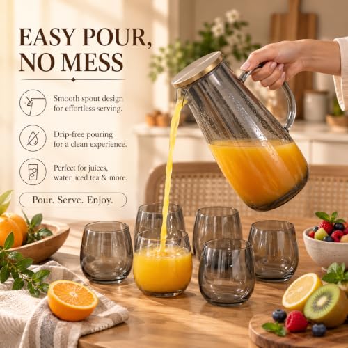 Image of bellemax 1.8 Litre Water Jug with Wooden Lid & 6 Black Juice Glasses Set | Premium Glass Water Jug Set for Home Kitchen | Juice, Water, Cold Drink Serving Set | Stylish Pitcher Set of 7 (BM-14)