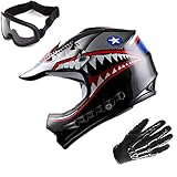 WOW Updated Youth Motocross Helmet Kids Motorcycle Bike Helmet Shark Black + Goggles + Skeleton Black Glove Bundle
