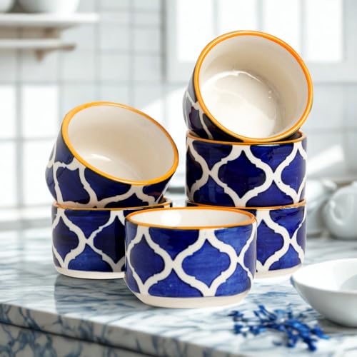 Image of Freakway Handpainted Moroccan /Umrao Pattern Ceramic Dip Bowl /Chutney Bowl /Pickle Bowl /Sauce Bowl /Small Katori Set in Round Shape (50 ML, Small, Set of 6) Yellow