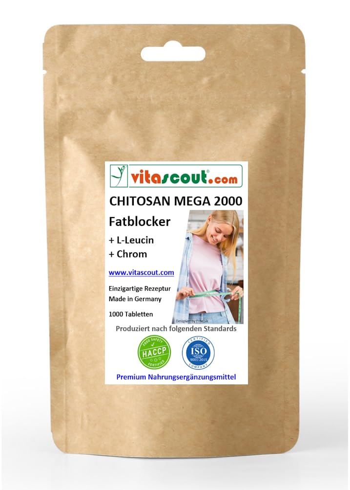 CHITOSAN MEGA 2000 + L-Leucin + Chrom - 1000 Tabletten, Neue verbesserte Rezeptur, Hochdosiert, Ohne Magnesiumstearat, Unterstützt normalen Fettstoffwechsel und Blutzuckerspiegel