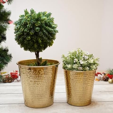 BEHOMA Metal Hammered Golden Table top Planters for Home Decoration, Plant Pots for Home Living Room Bedroom Office Decor, Set of 2 (Plants not Included) Cover