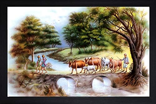 SAF paintings Rajsthani Village Large Synthetic Framed UV Digital Reprint Painting (14 inch x 20 inch) SANFM5564