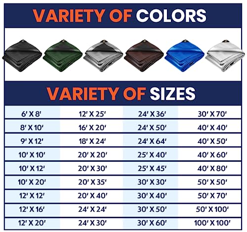 Image of Extra Heavy Duty 14 Mil Tarp Cover, Waterproof, UV Resistant, Rip and Tear Proof, Poly Tarpaulin with Reinforced Edges for Roof, Camping, Patio, Pool, Boat (Black 24′ X 30′)