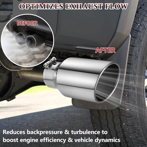 Image of Exhaust Tip 4 inch Inlet 6 inch Outlet 12 inch Long, High Performance Stainless Steel, Rustproof Polished Finish, Rolled Angle Cut, Bolt-On Diesel Tail Pipe, Universal for Car Truck