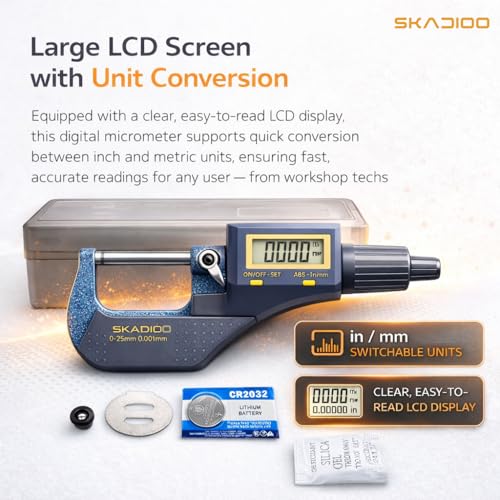 Image of SKADIOO Digital Micrometer 0-25mm / 0-1 Inch, Precision Outside Micrometer Tool ±0.0001 inch Accuracy, LCD Display, 0.001mm Resolution, Inch /Metric Measuring Screw Gauge for Machinist & DIY