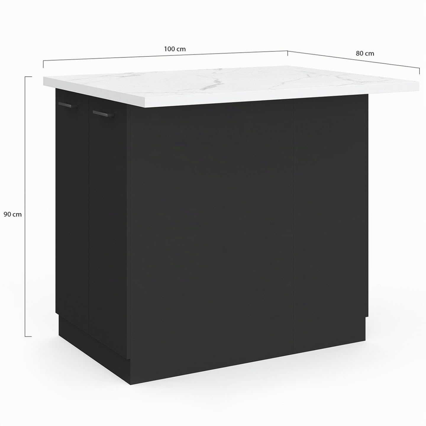 IDMarket - Ilot central IVO 120 cm madera negra con encimera efecto mármol ALASKA