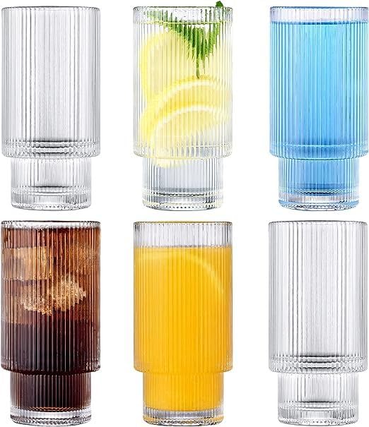 Image of WEZOSHINET 6 Pcs Heat Resistant Drinking Glasses Cup with Vertical Stripes Ribbed Pattern for Iced Coffee Cups Whiskey Cocktail Beer Water Glasses for Home Party Glass (290ML Set of 6)