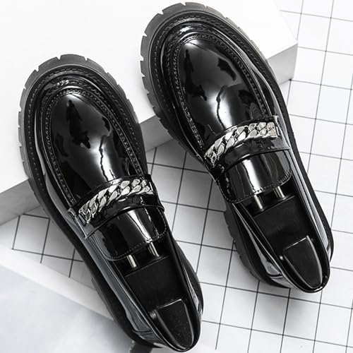 Men's Dress Loafers Fashion Patent Leather Chunky Heel Tuxedo Shoes with Chain Decor,Lug Sole Platform Non-Slip Comfort Slip-On Business Loafer Shoes for Work Office2