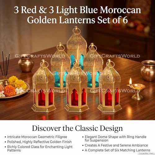 Image of Moroccan Lanterns & Candle Holders for Home Decor - Unique Diwali & Christmas Gifts (Red - Blue, Set of 6)