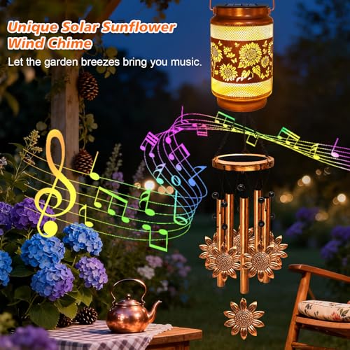 Image of 2 Pack Sunflower Solar Wind Chimes for Outside, Gifts for Mom Women Grandma Birthday Memorial Teacher, 32 inch Windchimes Outdoor Decor Hanging Solar Lantern for Garden Porch Patio Backyard