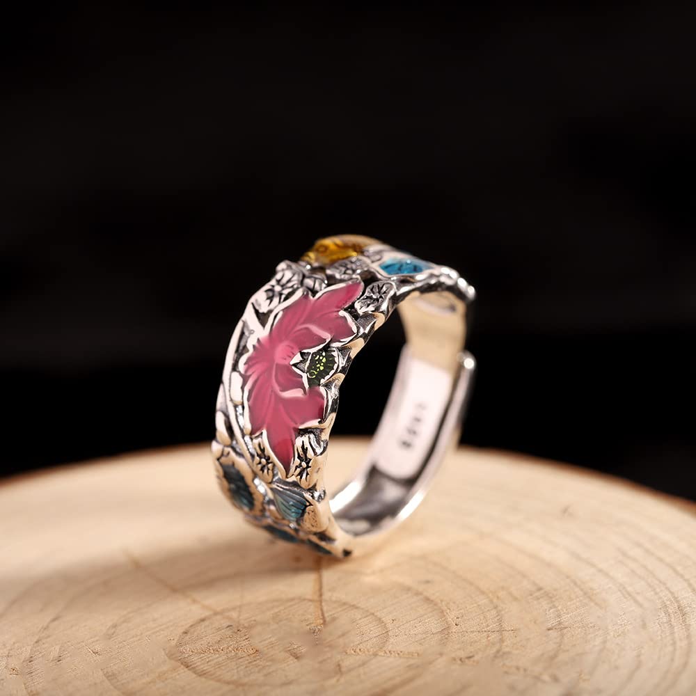 S925 Sterling Silber Charming Pink Lotus Band Ring Golden Lucky Fish Statement Ringe Für Frauen Yoga Medition
