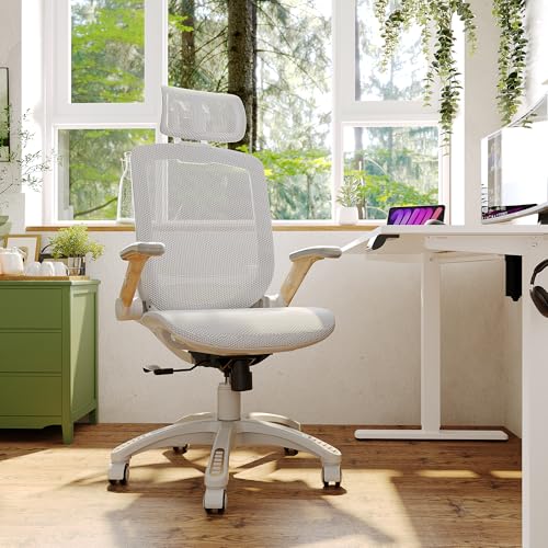 Image of GABRYLLY Ergonomic Office Chair, High Back Home Desk Chair with Flip-Up Arms, Headrest, 90-120 Tilt and Wide Cushion, 300LBS White Mesh Chair for Work Gaming Study (GY01-NT, Woodgrain Pattern)