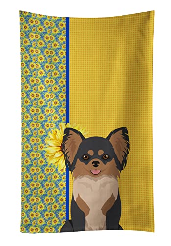 Caroline's Treasures WDK5356KTWL Summer Sunflowers Longhaired Black and Tan Chihuahua Kitchen Towel Dish Cloths Guest Hand Towel Decorative Bathroom Towel for Face,Tea, Dishcloth, Kitchen and Bath