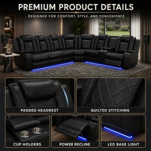 Image of Power Recliner Sectional Sofa Set with USB, LED & Storage - Black Leather Reclining Couch with Cup Holders & Pull-Down Table - Modern Living Room Furniture Set for Home Theater Comfort