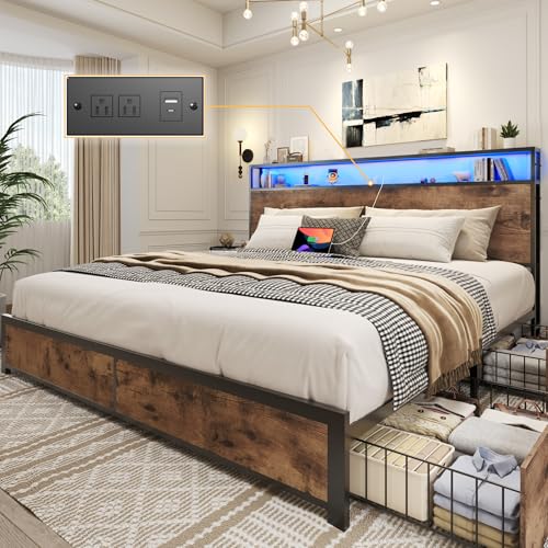 Lifezone King Bed Frame with 2-Tier Storage Headboard, Metal Platform Bed Frame with 4 Storage Drawers, Built in Charging Station & LED, Noise-Free/Metal Support/No Box Spring Needed, Vintage Brown