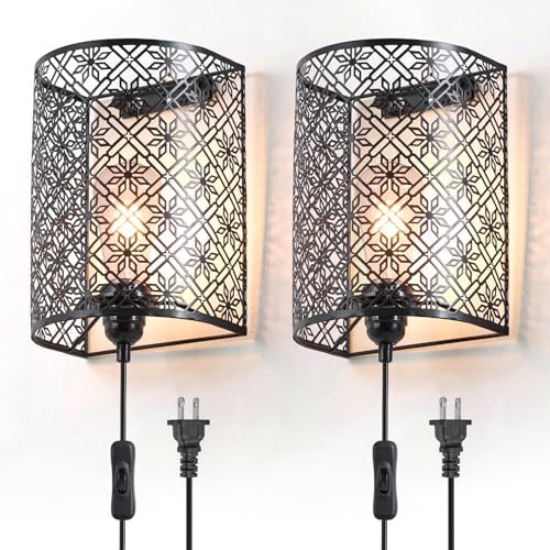 Image of Plug in Wall Sconces Set of Two, Industrial Vintage Wall Light with On /Off Switch, UL Certified Laser-Cut Metal Shade Wall Lamp for Bedroom, Living Room, Hallway, Porch Lighting