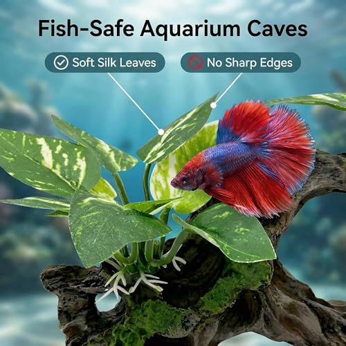 Image of Aquarium Decorations Cave Silk Aquarium Plants Betta Fish Tank Decor Ornament, Soft & Safe Fish Tank Accessories, Goldfish Bowl Decor Artificial Driftwood