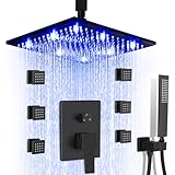 SKOWLL Matte Black Shower Faucet Set, High Pressure Ceiling 12 Inch LED Shower Head with Handheld Bathroom Full Body Shower System Include 6 Body Spray Jet