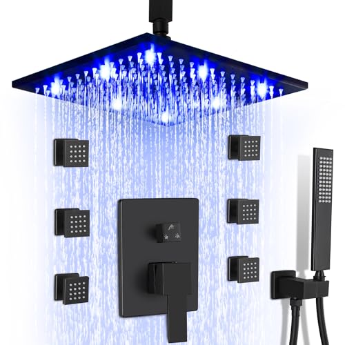 SKOWLL Matte Black Shower Faucet Set, High Pressure Ceiling 12 Inch LED Shower Head with Handheld Bathroom Full Body Shower System Include 6 Body Spray Jet