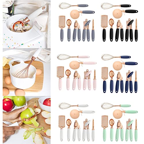7 Pcs Kitchen Utensils Set Stainless Steel | Can Opener, Pizza Cutter, Whisk, Garlic Press, Peeler, Scooper, Grater | Copper Coated With Anti-Slip Handles Kitchen Gadgets Cooking Accessories (Gray) #TOP1