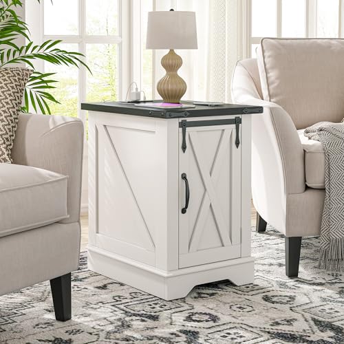EnHomee Nightstand with Charging StationFarmhouse 25 End Tables with Barn DoorLarge Wood Sofa Side Table with Adjustable Storage Shelf for BedroomDrawing RoomHallwayAntique White
