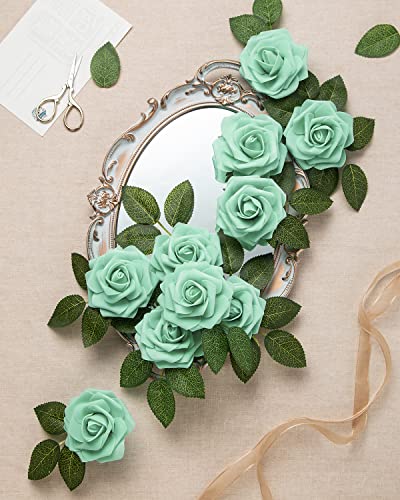 DuHouse 25Pcs Artificial Roses Flowers Fake Rose with Stems Real Touch Foam Flower Head for DIY Wedding Bridal Bouquet Baby Shower Centerpiece Floral Arrangement Party Home Decor(Mint Green) - Image 3