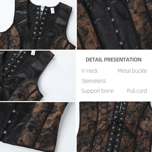 Men Corset Vest Dress Waistcoat Vintage Brown Print Lace Up Bones Waist Trainer 6 Buckles Tight Tops Party Stage3