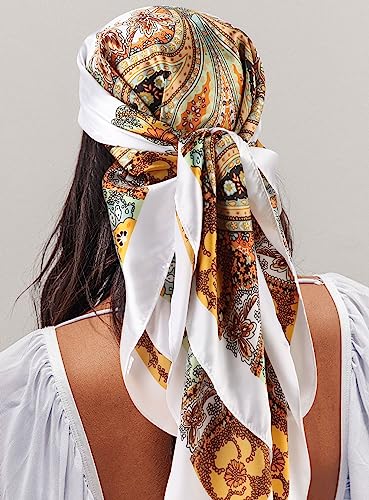 Image of DRESHOW 35 inch Large Square Satin Head Scarf - 4Pcs Silk Accessories Classic Patterned Squares Beach Bandanas for Women